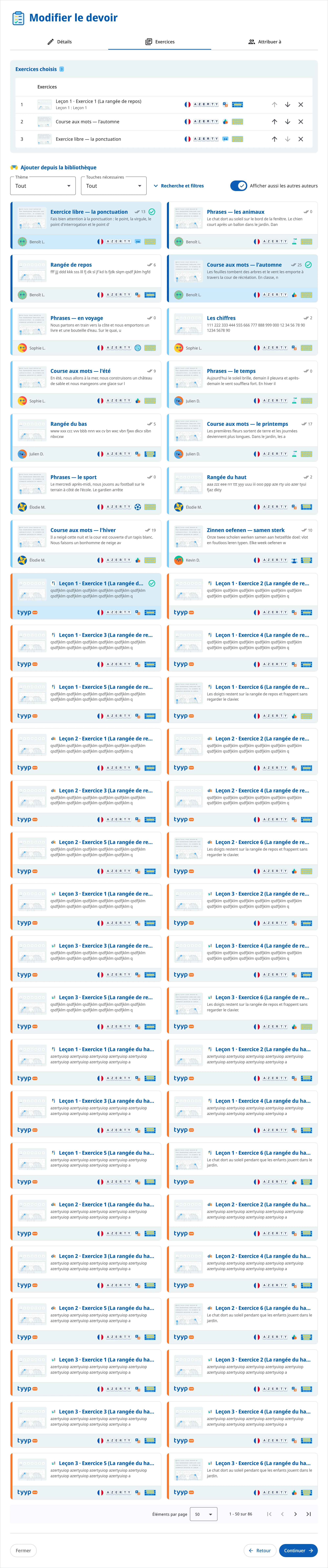 L'étape Exercices avec les exercices choisis et la bibliothèque