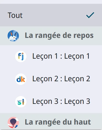 Le filtre Leçon avec les chapitres et leurs leçons