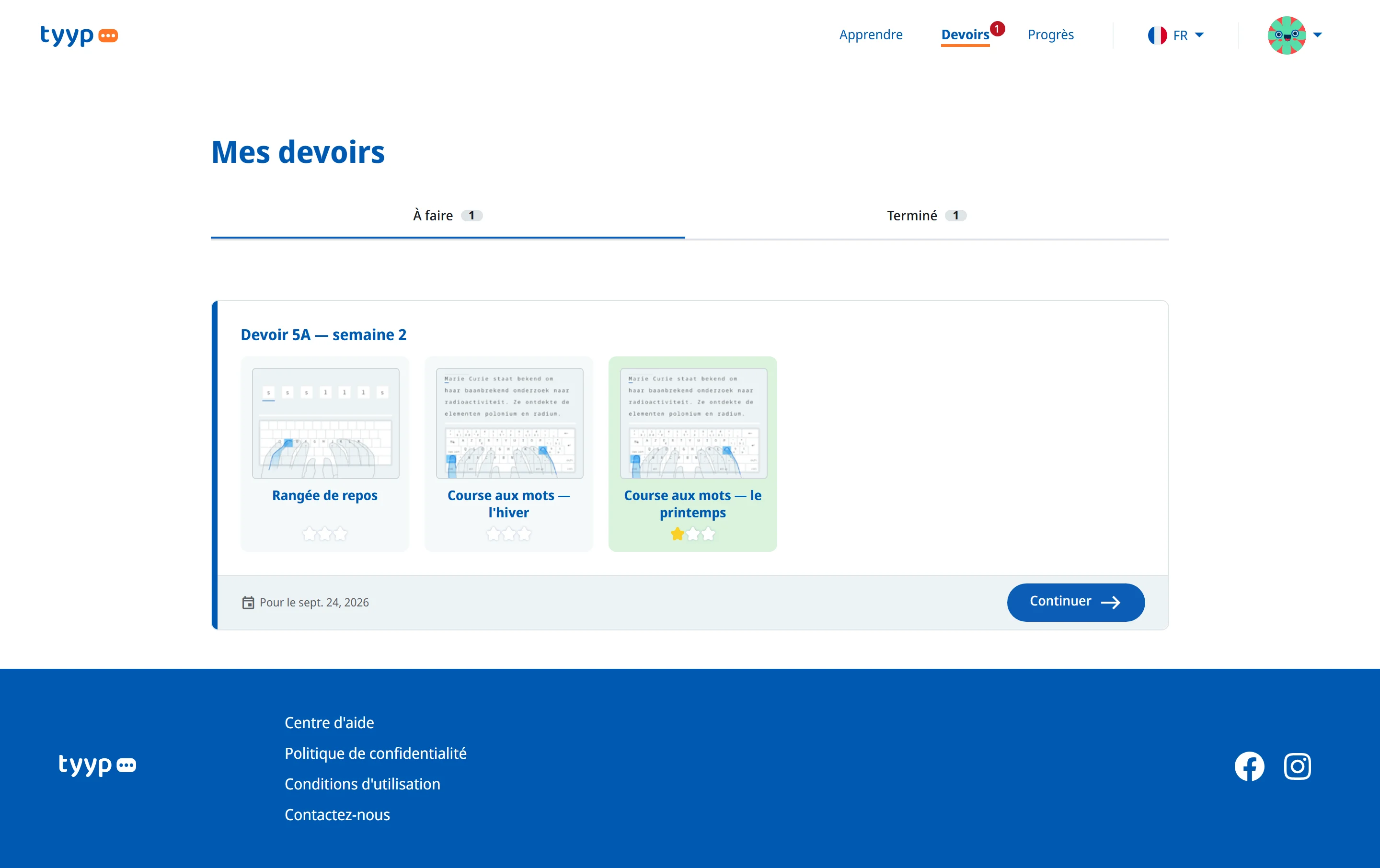 La liste de tes devoirs