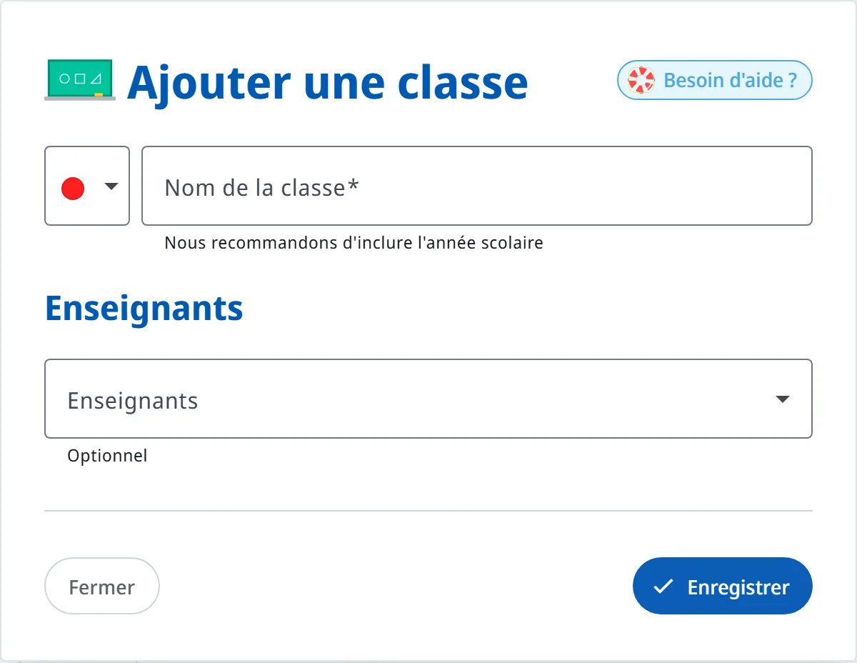 La fenêtre « Ajouter une classe » avec la couleur, le nom et les enseignants