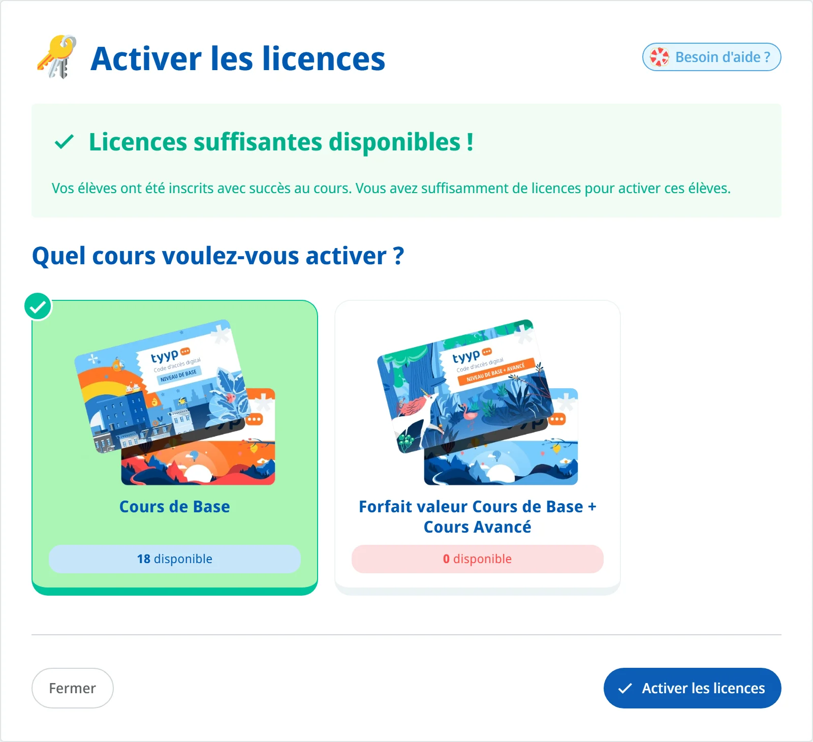 L'étape « Activer les licences » avec la vue d'ensemble de la commande