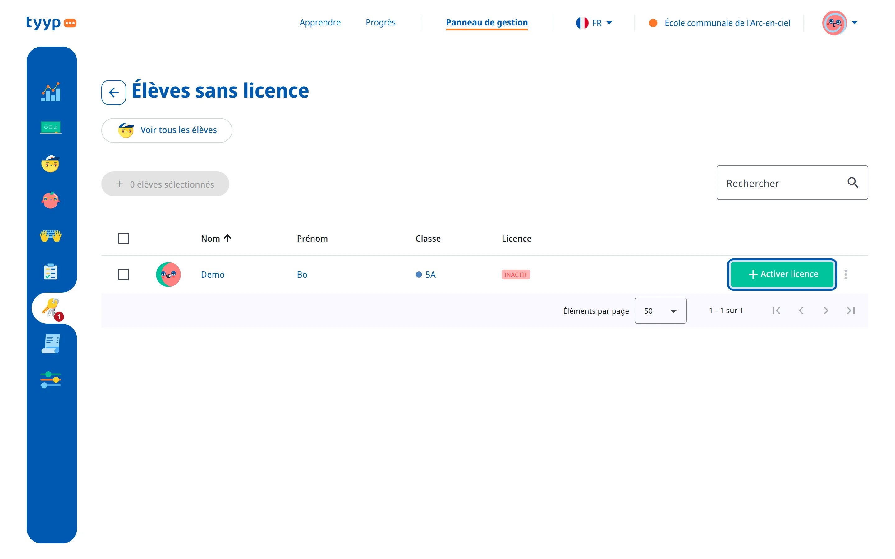 La liste « Élèves sans licence » avec le bouton « Activer licence »