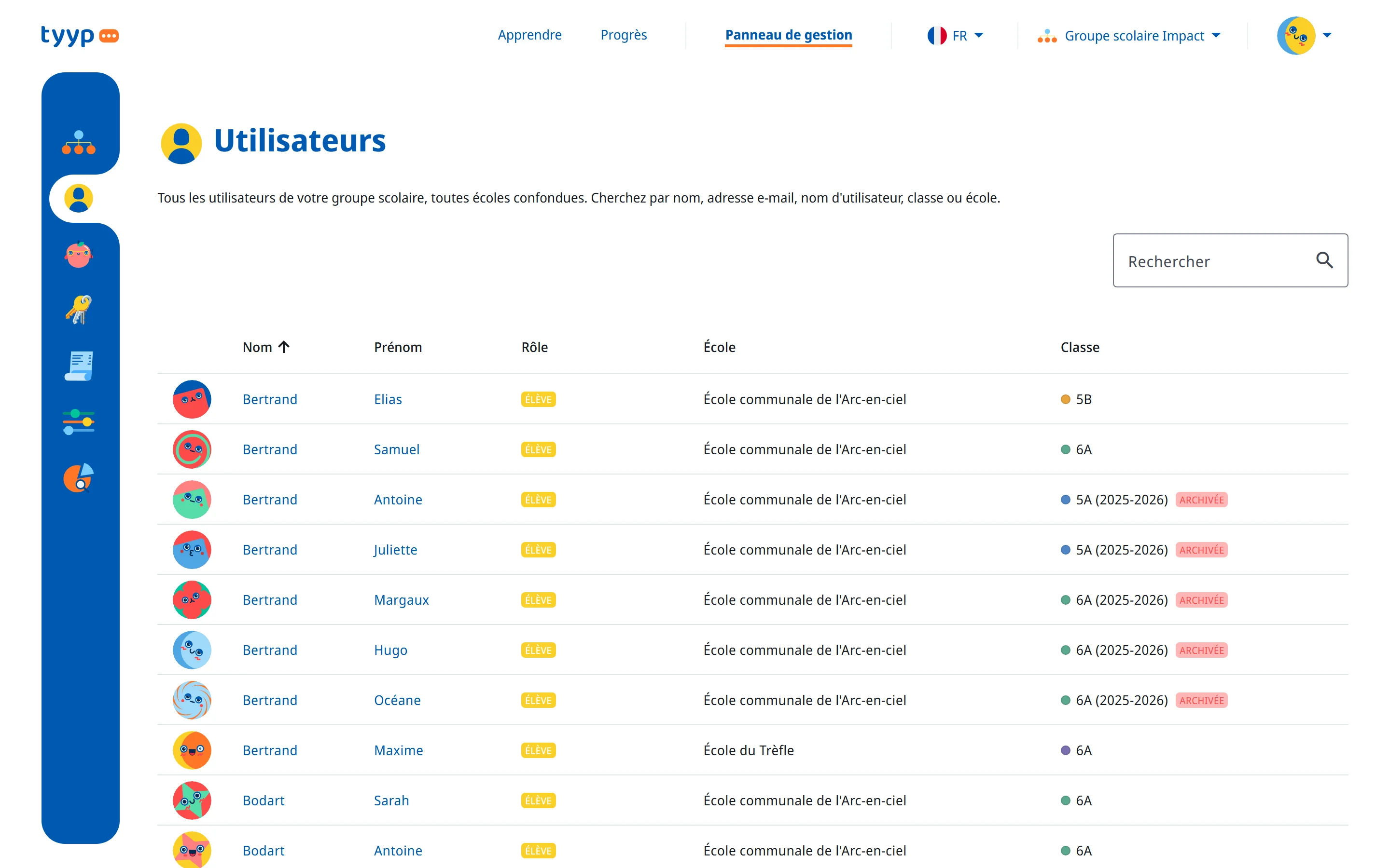 La liste des utilisateurs d'un groupe scolaire, avec la colonne École
